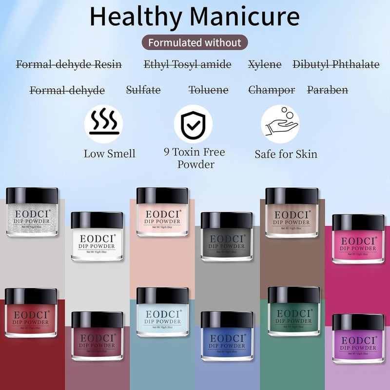 eodci Nail Dip Powder Set, 12 Colors All Seasons Nude Red Blue White Glitter Silver Nail Art Starter Manicure Salon DIY at Home Nail Dipping Powder French No Needed Nail Lamp Cured - Image 4